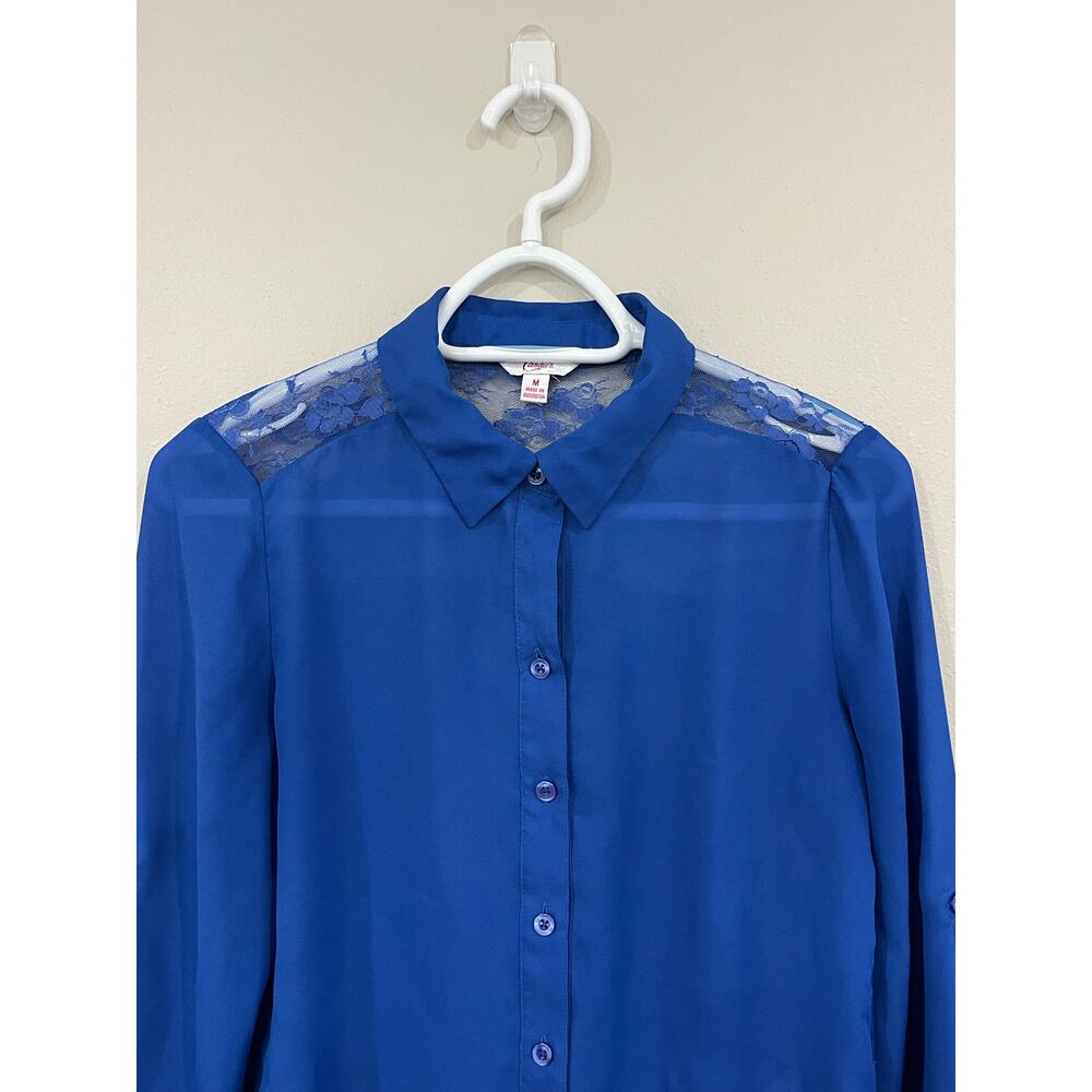 Candie’s Sheer Lace Blouse Womens Medium Blue Button Up Sheer Top - Picture 4 of 13